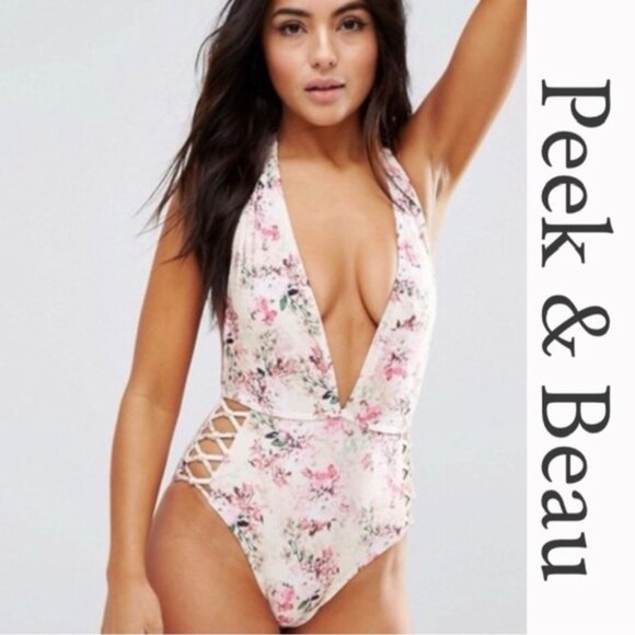 Peek & Beau X ASOS Swim | Pink Floral Plunge swimsuit | Size 8 B/C - Picture 1 of 10